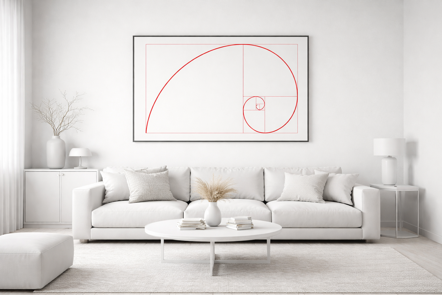 Sala de estar minimalista em tons de branco e cinza, com sofá branco, piso claro, tapete neutro e quadro moderno da sequência de Fibonacci em vermelho, único ponto de cor do ambiente.