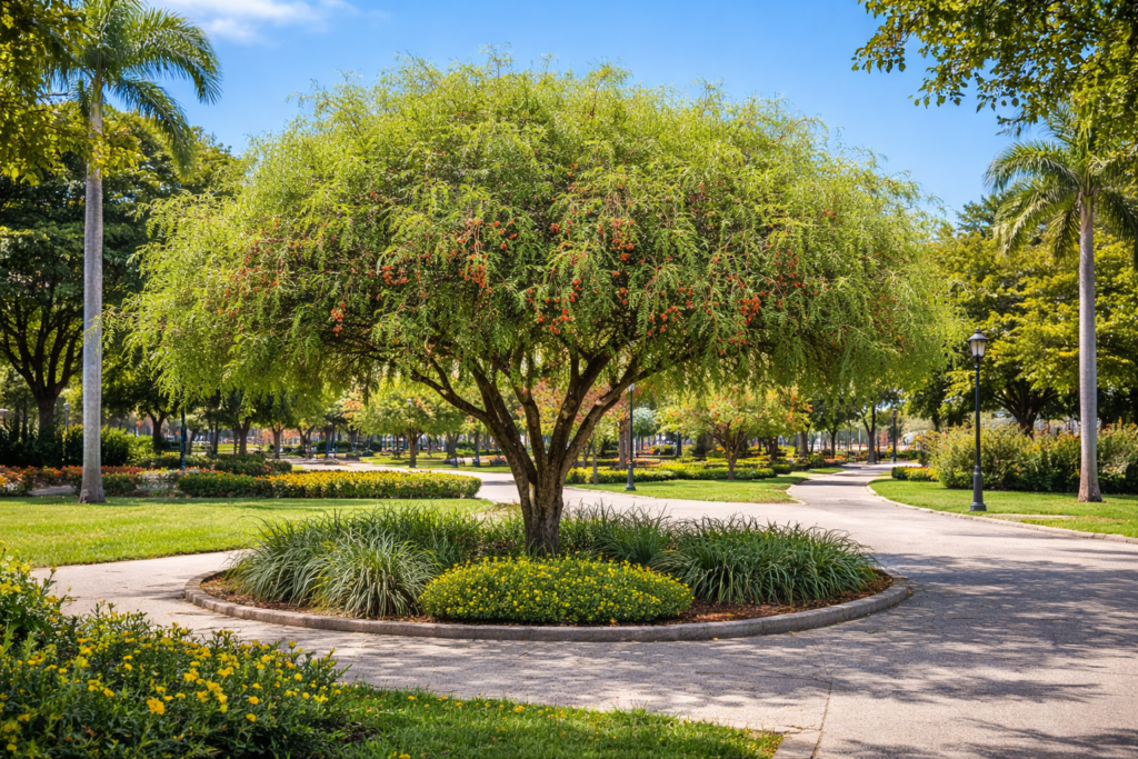 Aroeira-salsa em praça urbana brasileira, com copa leve e bem formada, integrada a área pública de convivência.
