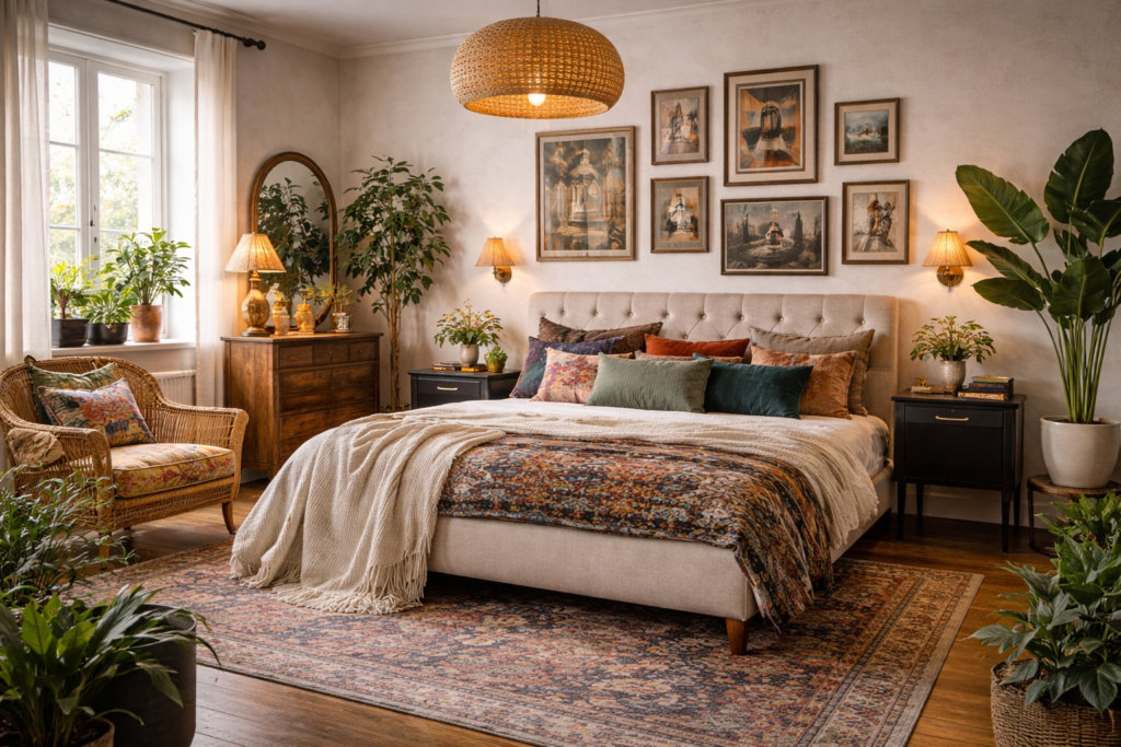 Quarto de casal amplo em estilo eclético, com cama estofada, mix de almofadas, tapete estampado, plantas naturais, móveis de madeira e iluminação quente.
