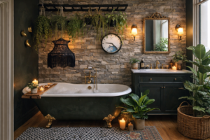 Banheiro em estilo eclético com parede de pedra, banheira clássica, plantas pendentes, iluminação quente e móveis escuros, criando um ambiente sofisticado e cheio de personalidade.