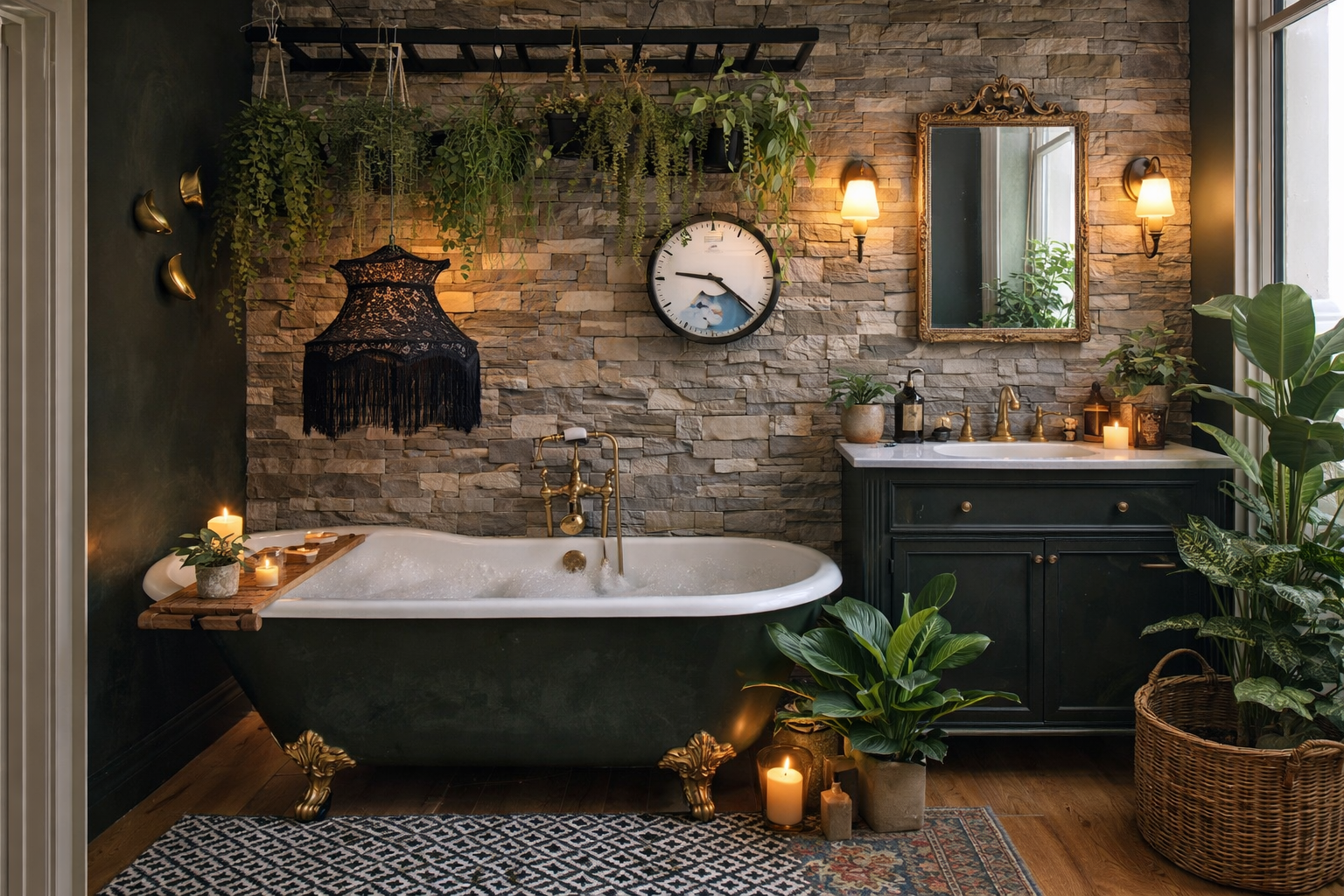 Banheiro em estilo eclético com parede de pedra, banheira clássica, plantas pendentes, iluminação quente e móveis escuros, criando um ambiente sofisticado e cheio de personalidade.