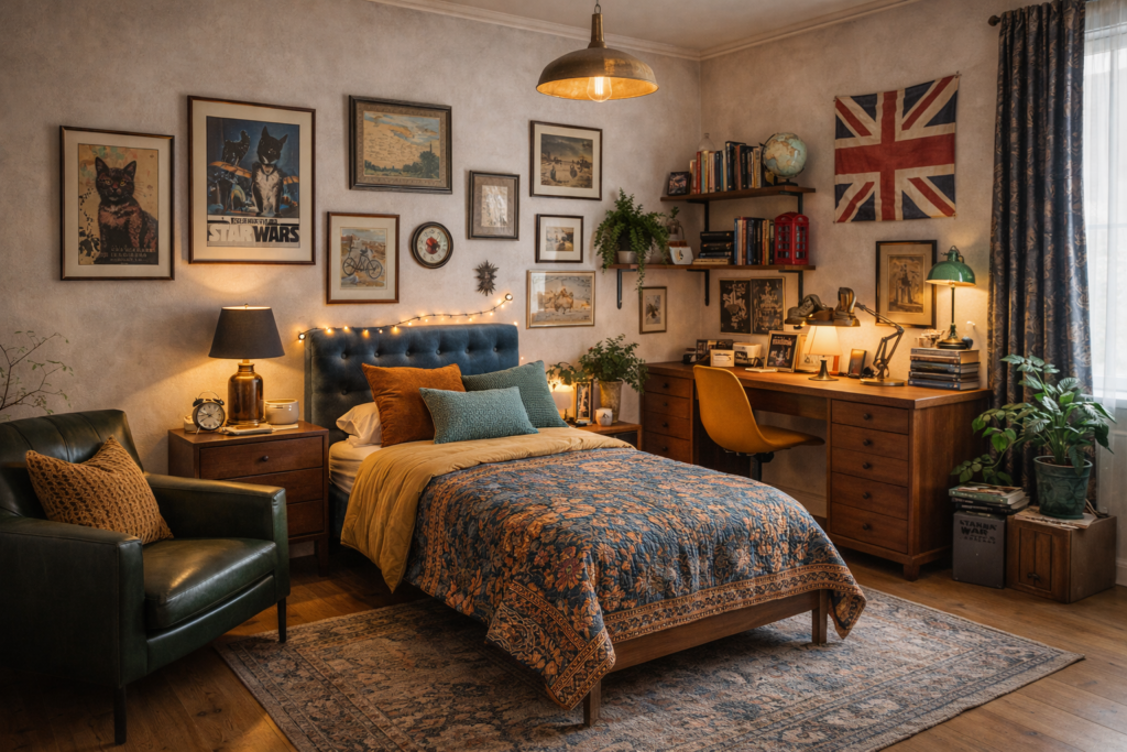 Quarto de solteiro em estilo eclético com mix de cores, quadros variados, móveis de diferentes estilos, plantas e objetos decorativos que criam um ambiente criativo e cheio de personalidade.
