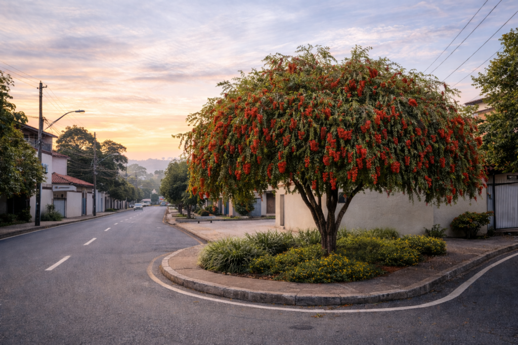 Árvore escova-de-garrafa florida em esquina urbana, com copa equilibrada e integração ao espaço público.
