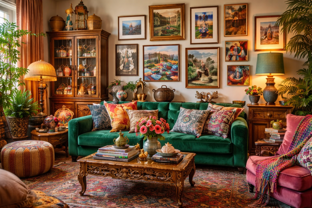 Sala de estar em estilo maximalista com sofá verde, obras de arte na parede, objetos afetivos, livros e camadas de texturas que expressam identidade, história e intenção.
