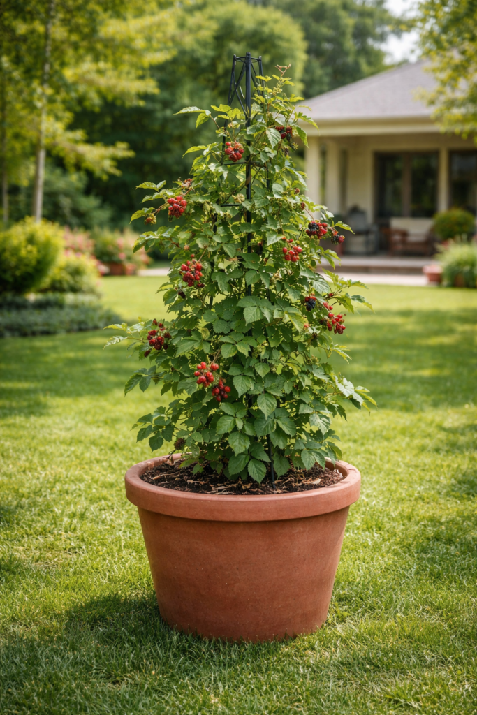 Pé de amora cultivado em vaso no jardim de uma casa residencial, com frutos em formação e ambiente externo integrado
