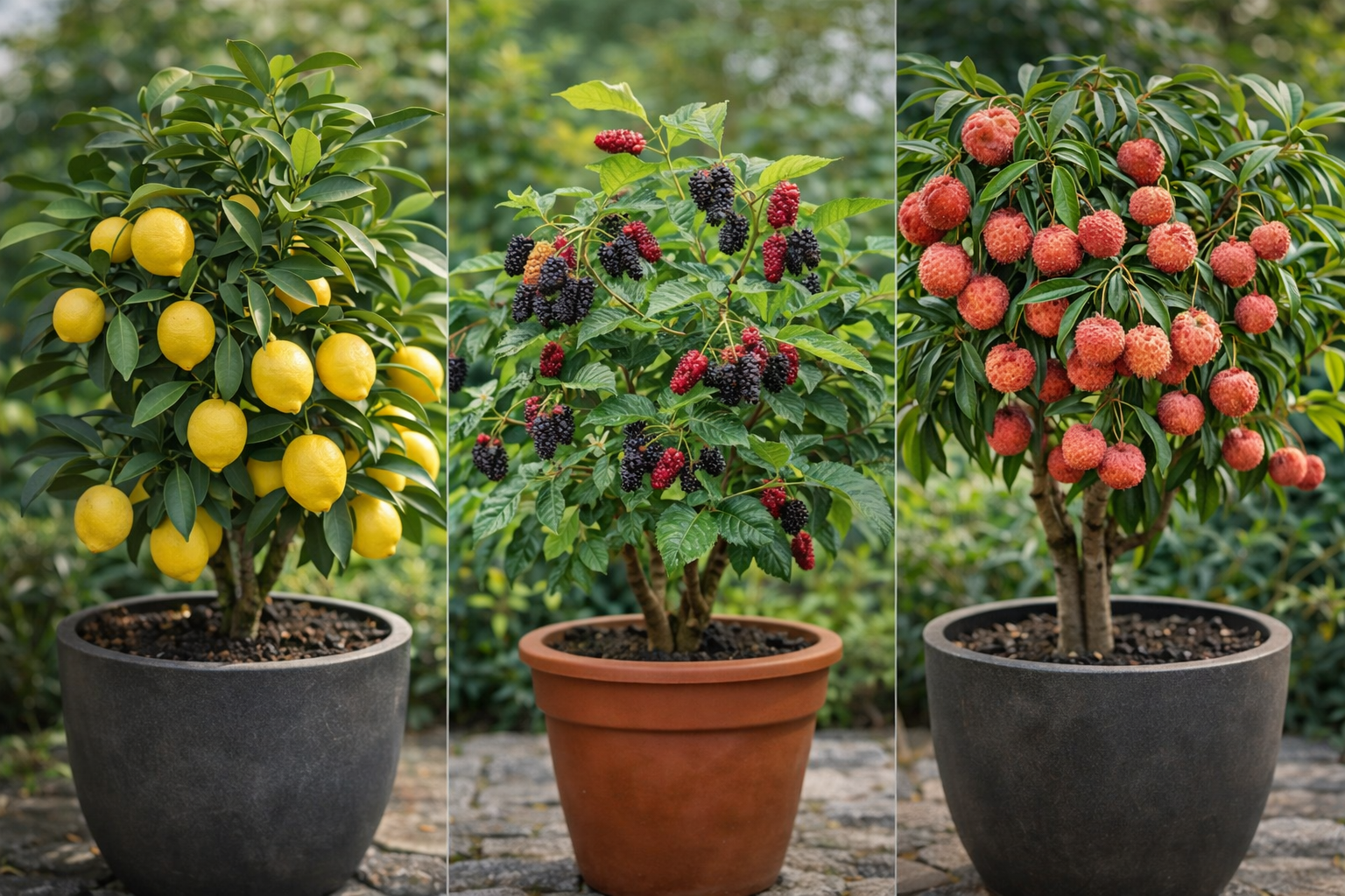 Frutíferas cultivadas em vasos, com limoeiro, amoreira e lichieira saudáveis, em ambiente residencial com iluminação natural.