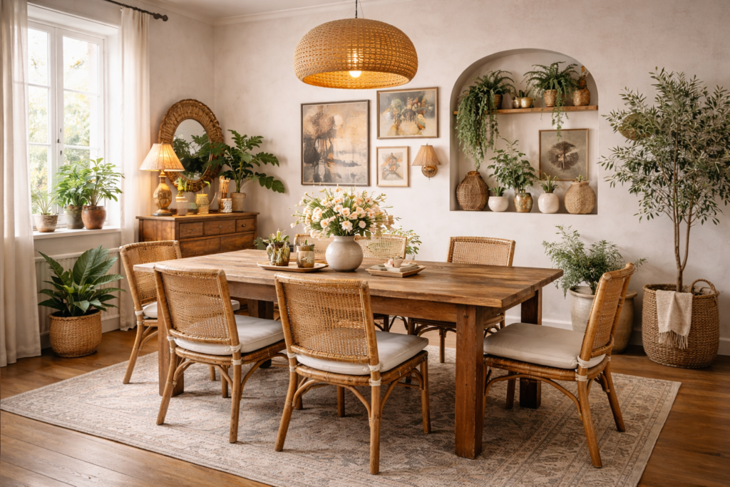 Sala de jantar em estilo boho contemporâneo com mesa de madeira, cadeiras em fibras naturais, luminária artesanal, plantas e paleta neutra que cria um ambiente acolhedor e orgânico.
