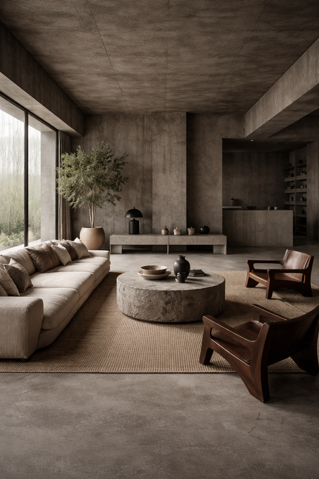 Sala de estar em estilo brutalista com paredes de concreto aparente, móveis minimalistas, madeira natural e iluminação suave, criando um ambiente contemporâneo e sofisticado.