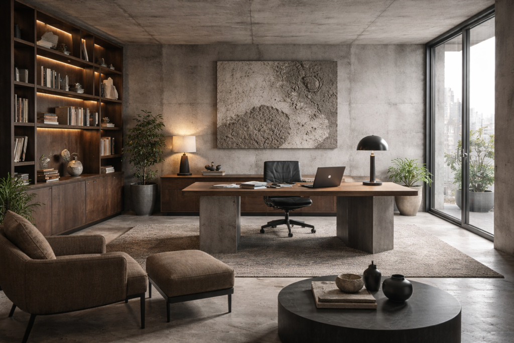 Escritório em estilo brutalista com paredes de concreto aparente, mesa robusta, estantes metálicas, iluminação direta e paleta neutra em cinza, preto e madeira.
