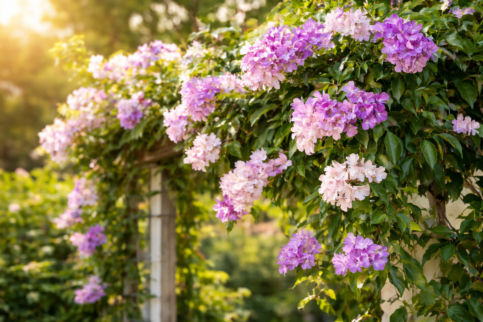 Cipó-alho em floração, com flores lilás, rosas e brancas distribuídas pela trepadeira em jardim ensolarado