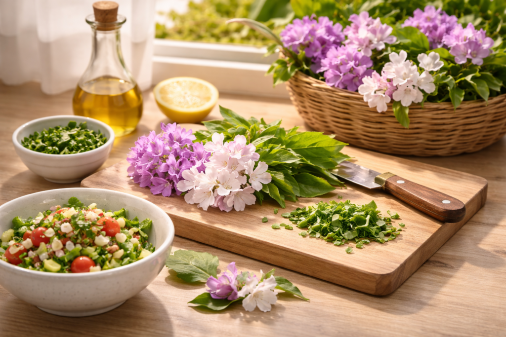Flores e folhas de cipó-alho organizadas sobre tábua de madeira para uso culinário, com ingredientes naturais em ambiente iluminado
