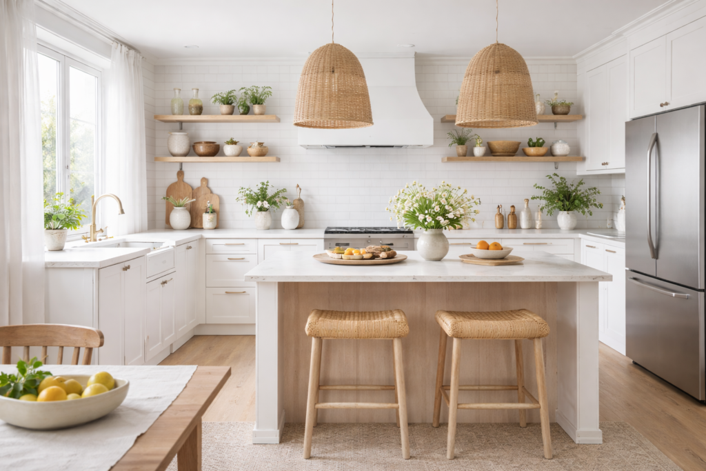 Cozinha em estilo escandinavo muito clara, com armários brancos, ilha central em madeira clara, banquetas de fibras naturais, prateleiras abertas, plantas e iluminação natural abundante.
