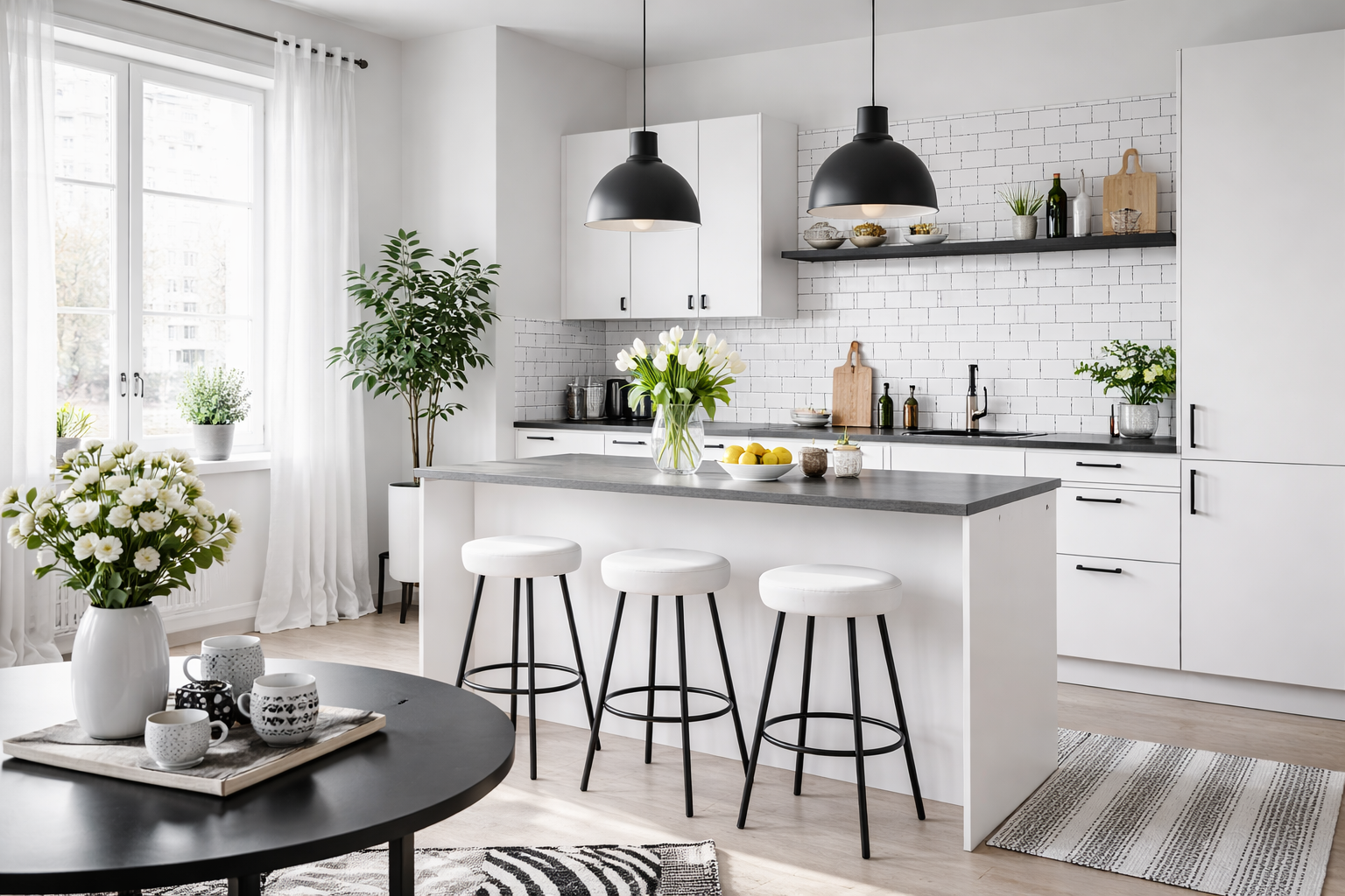 Cozinha escandinava em tons de branco, preto e cinza, com ilha central, armários minimalistas, luminárias pendentes pretas, luz natural abundante e elementos funcionais.