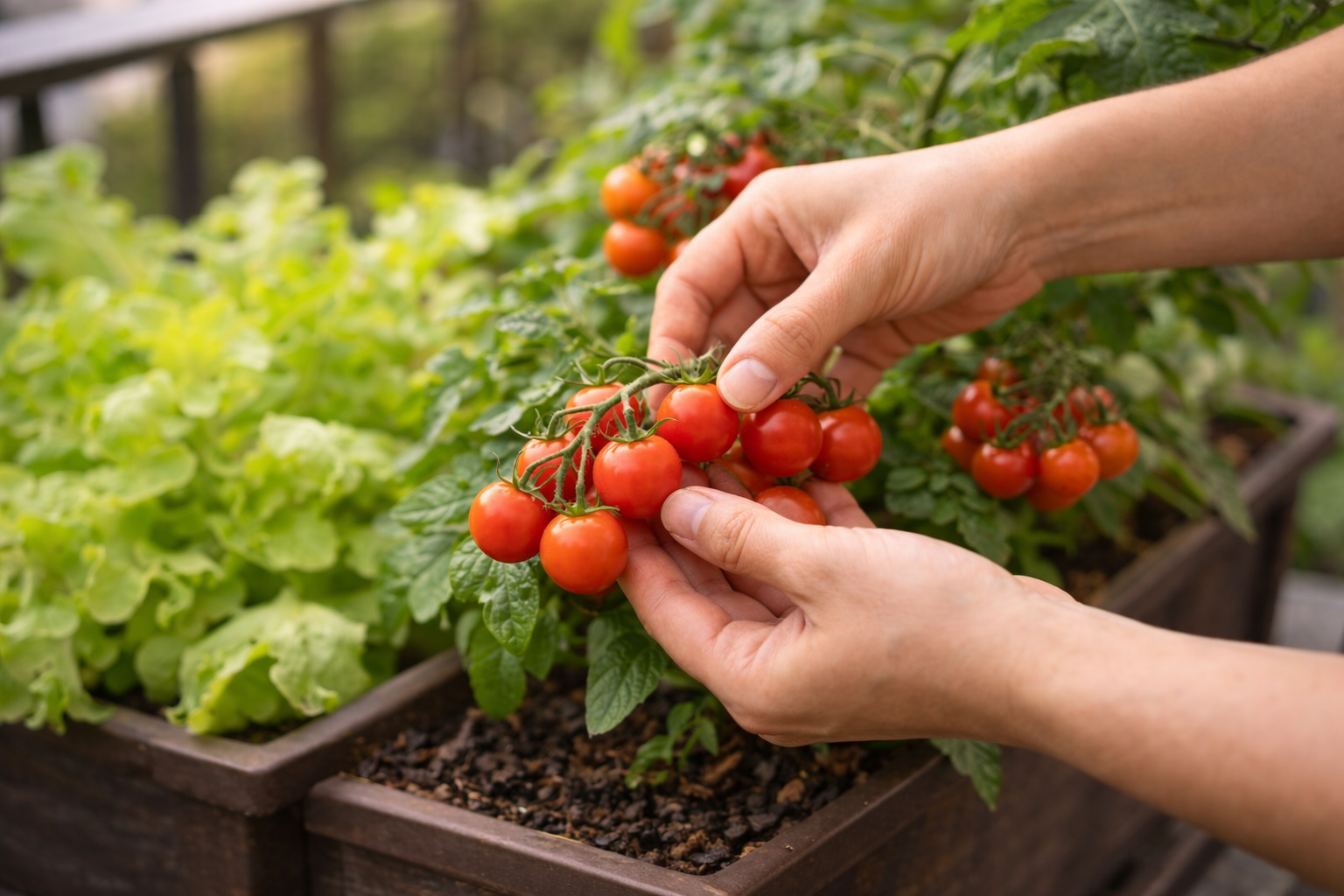 Pessoa colhendo tomates maduros com a mão em horta cultivada em vaso, em ambiente doméstico bem iluminado