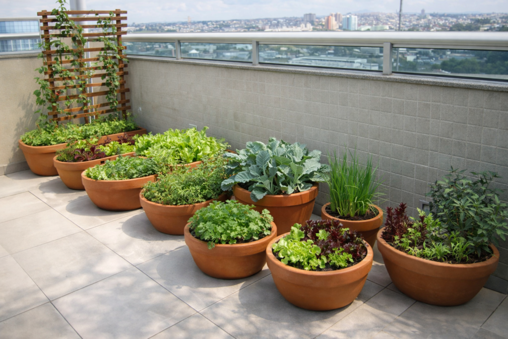 Horta em vasos redondos cultivada em cobertura de apartamento, com hortaliças e ervas bem desenvolvidas em ambiente urbano
