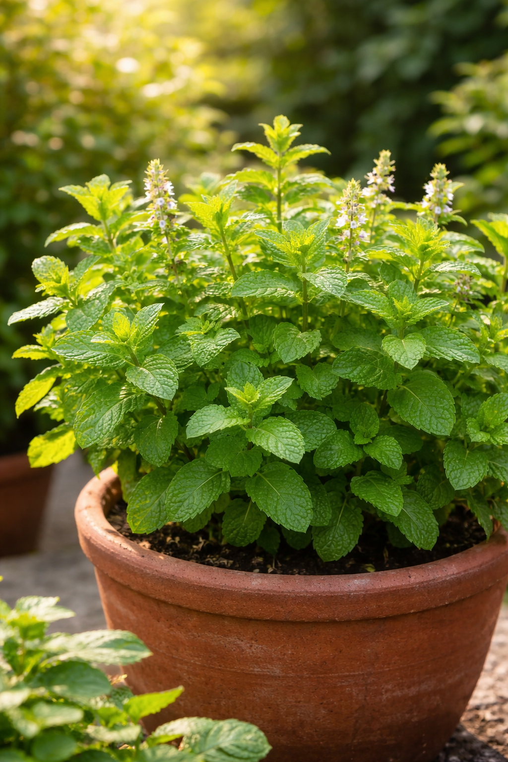 Hortelã saudável cultivada em vaso, com folhas verdes viçosas e flores delicadas, recebendo luz natural