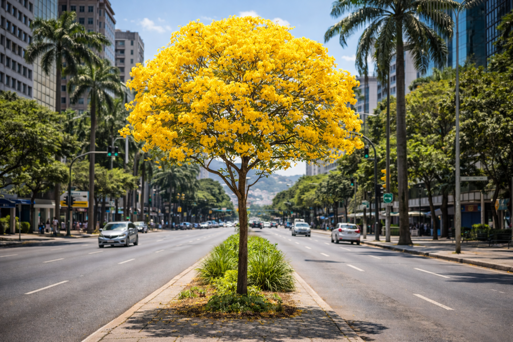 Ipê-amarelo florido em via urbana, com copa equilibrada e flores amarelas destacadas, integrado a calçada e edificações ao redor.
