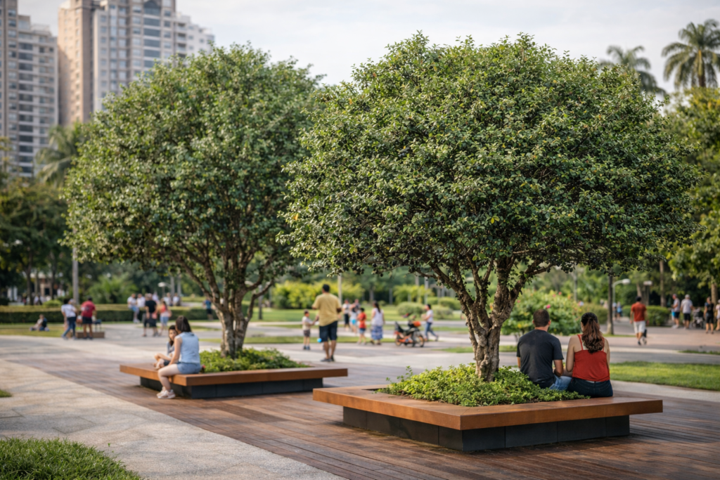 Jabuticabeira adulta em praça urbana, com copa densa e tronco característico, integrada a pessoas em momento de lazer.