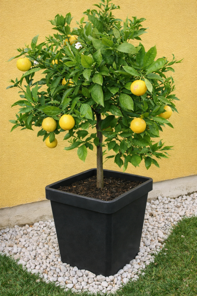 Limoeiro cultivado em vaso plástico preto em jardim residencial, com frutos visíveis e solo bem cuidado
