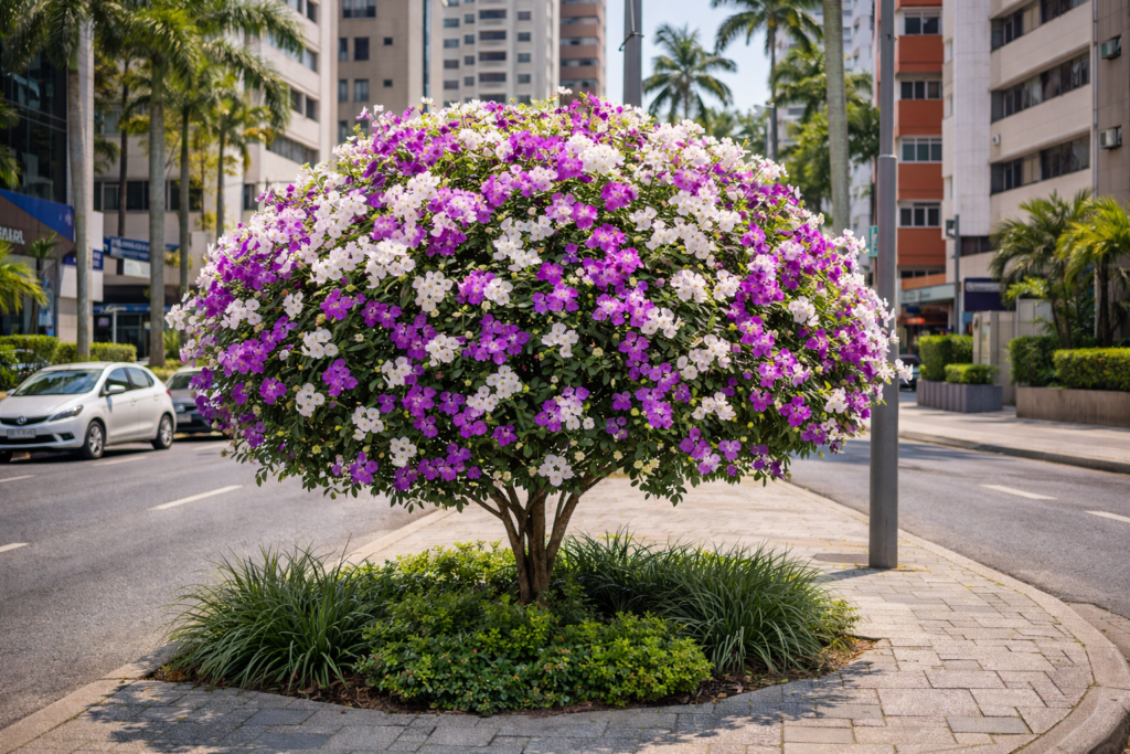 Manacá-da-serra de jardim florido em ambiente urbano, com porte compacto e copa equilibrada integrada à calçada e às construções ao redor.
