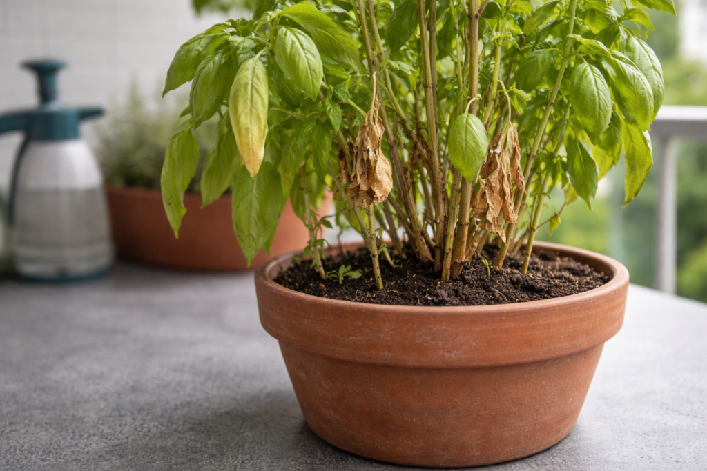 Vaso de manjericão com folhas amareladas e secas por erro de rega.