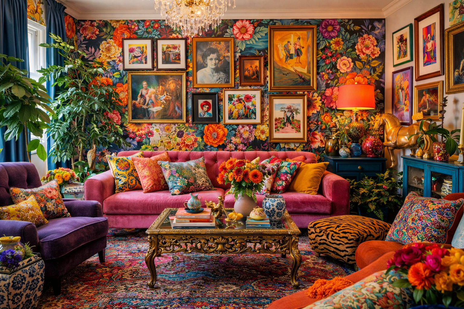 Sala de estar em estilo maximalista com cores vibrantes, papéis de parede florais, quadros variados, móveis marcantes e objetos decorativos que criam um ambiente expressivo e cheio de personalidade.