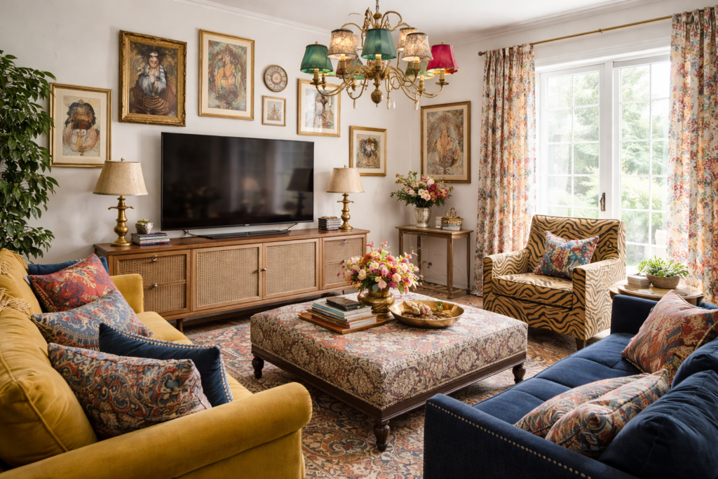 Sala de TV em estilo maximalista equilibrado, com paredes claras, mix de quadros, sofás coloridos, poltrona estampada, tapete com padrões e iluminação natural, criando um ambiente expressivo e acolhedor.
