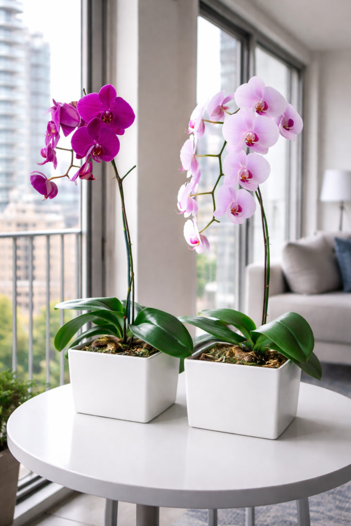 Orquídeas phalaenopsis floridas em vasos quadrados, cultivadas em apartamento com luz natural indireta
