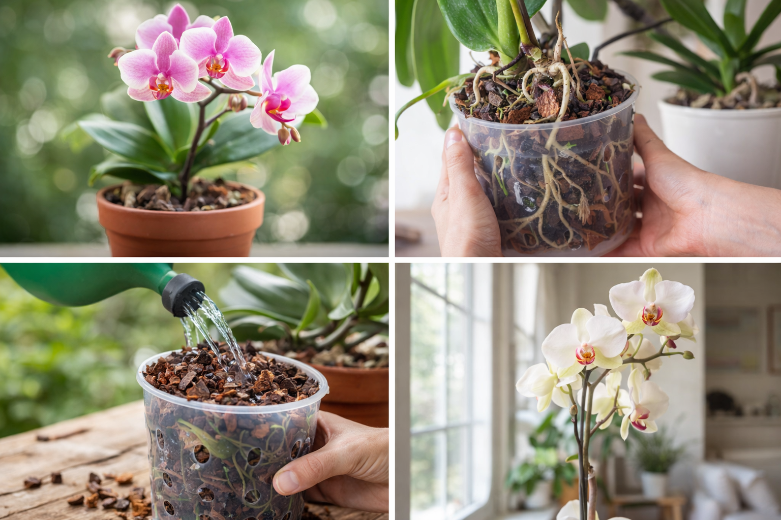 Orquídea florida em vaso com substrato adequado, cultivada em ambiente interno com luz indireta natural