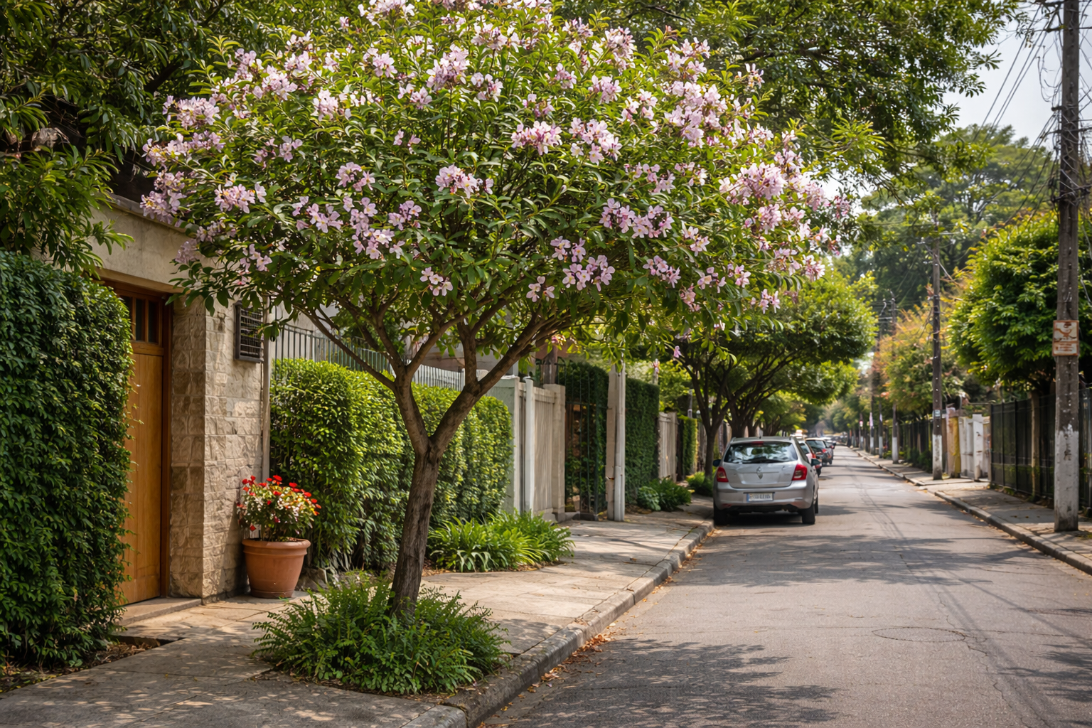 Árvore pata-de-vaca plantada em calçada de bairro residencial brasileiro, integrada ao ambiente urbano e às casas ao redor.