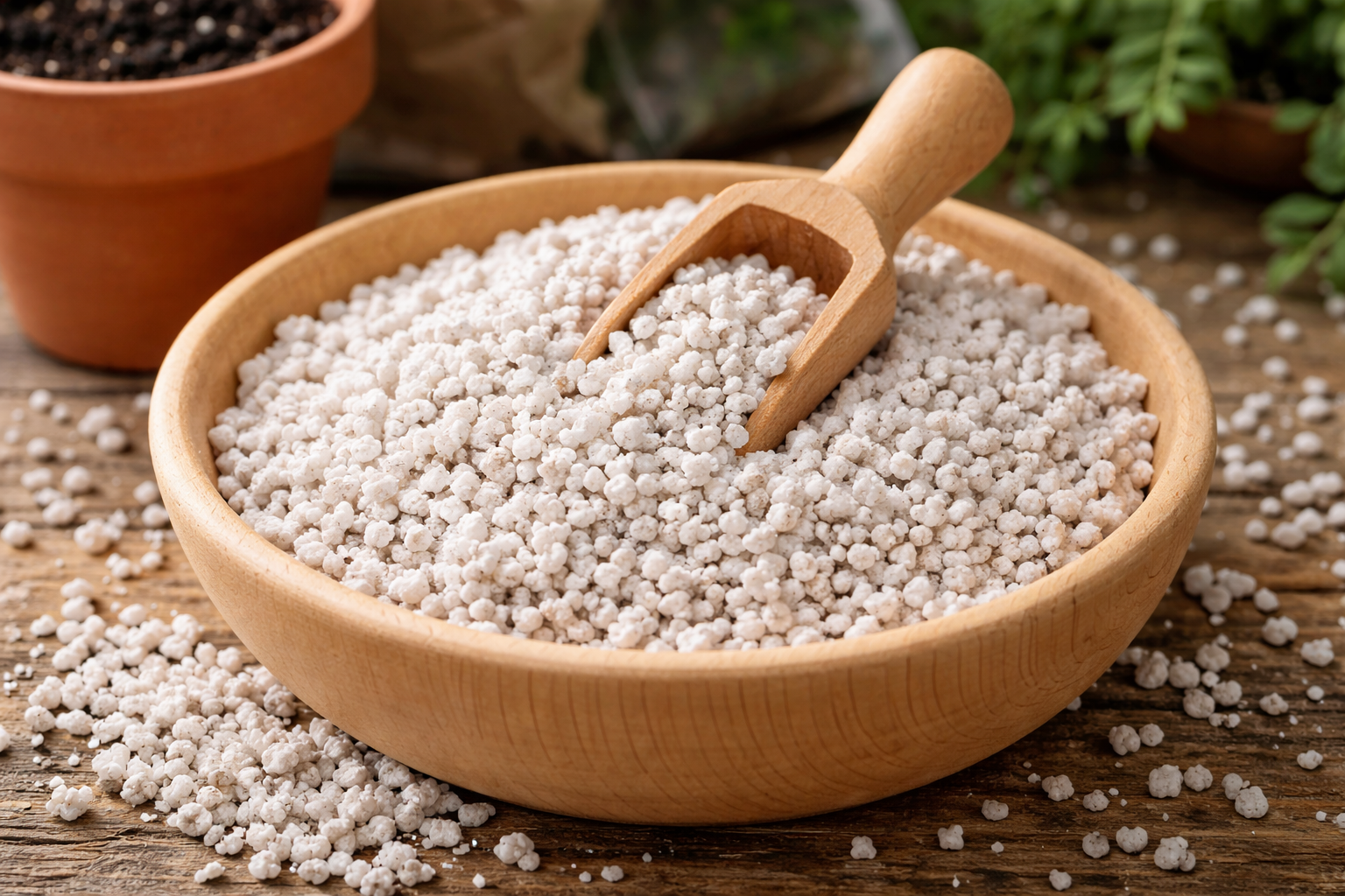 Perlita agrícola em close, mostrando partículas brancas e porosas usadas para melhorar a drenagem do solo