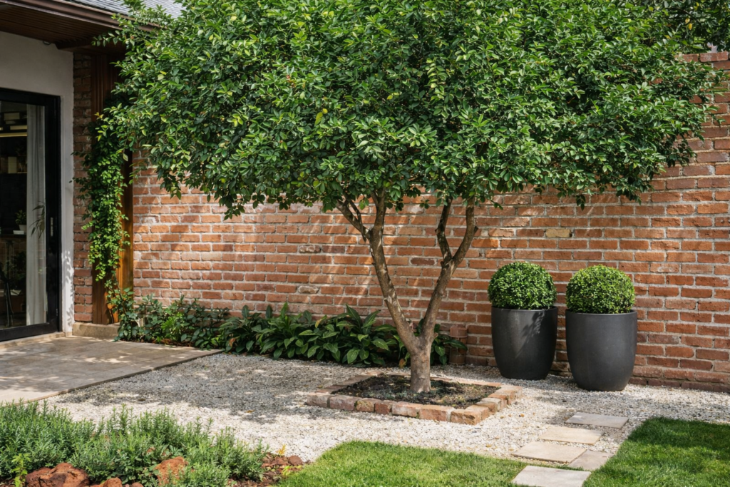 Pitangueira adulta cultivada em jardim residencial, com copa equilibrada e integração harmoniosa com muro de tijolo aparente e paisagismo doméstico.
