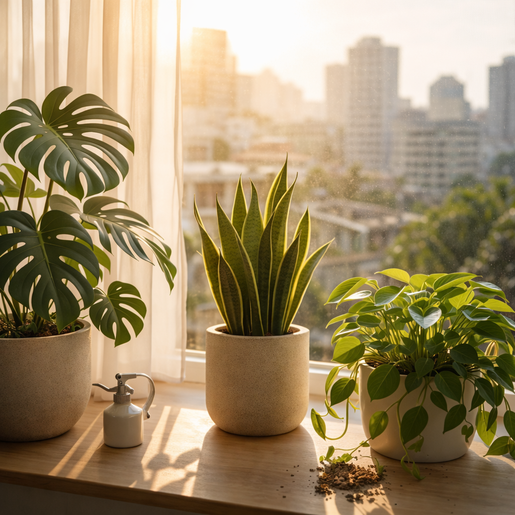Plantas de interior posicionadas próximas à janela em apartamento quente, recebendo luz natural filtrada e adaptadas ao clima urbano