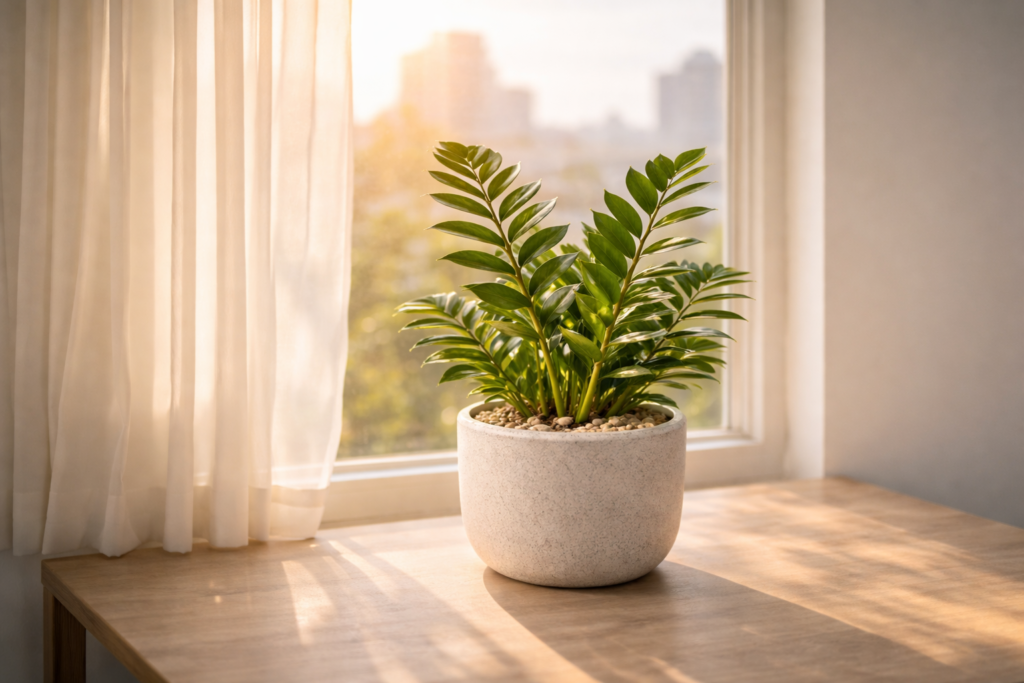 Zamioculca saudável em vaso posicionada próxima à janela, recebendo luz natural indireta em ambiente interno
