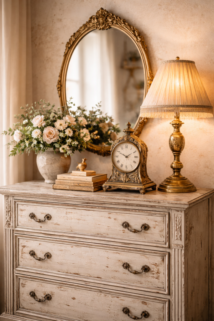 Cômoda vintage em madeira com pintura patinada, espelho ornamentado dourado, relógio antigo, abajur clássico e objetos decorativos que destacam o charme do estilo vintage.
