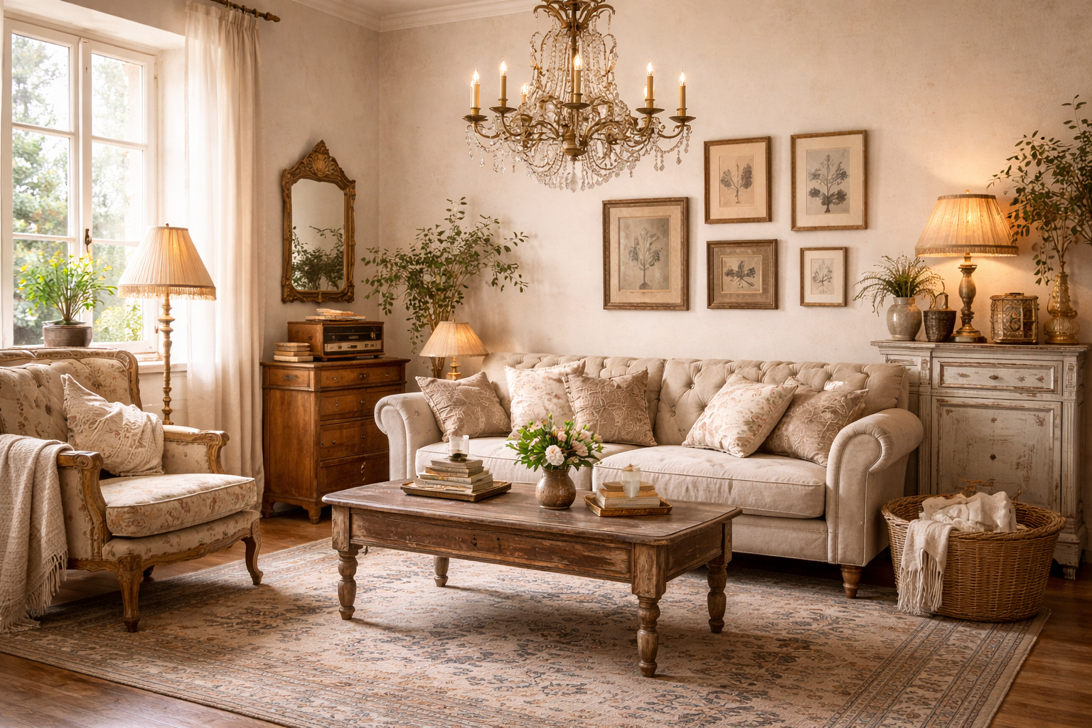 Sala de estar em estilo vintage com sofá clássico, móveis de madeira envelhecida, lustre antigo, quadros botânicos e iluminação quente, criando um ambiente acolhedor e atemporal.