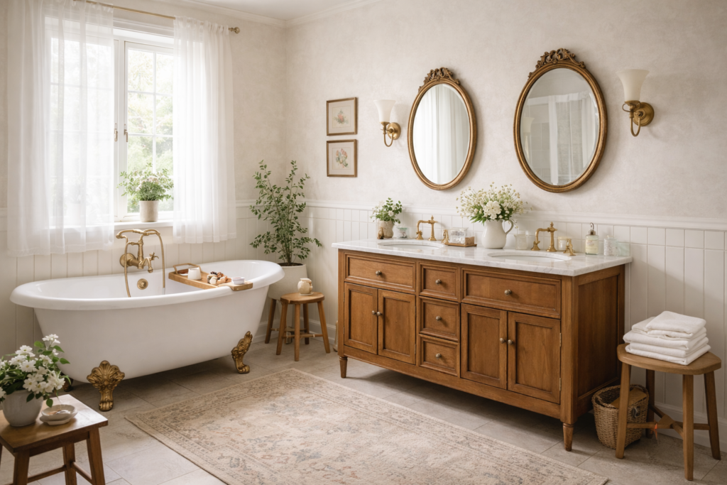 Banheiro em estilo vintage leve, com banheira de pés clássica, gabinete de madeira, metais dourados, espelhos ornamentados e iluminação natural suave.
