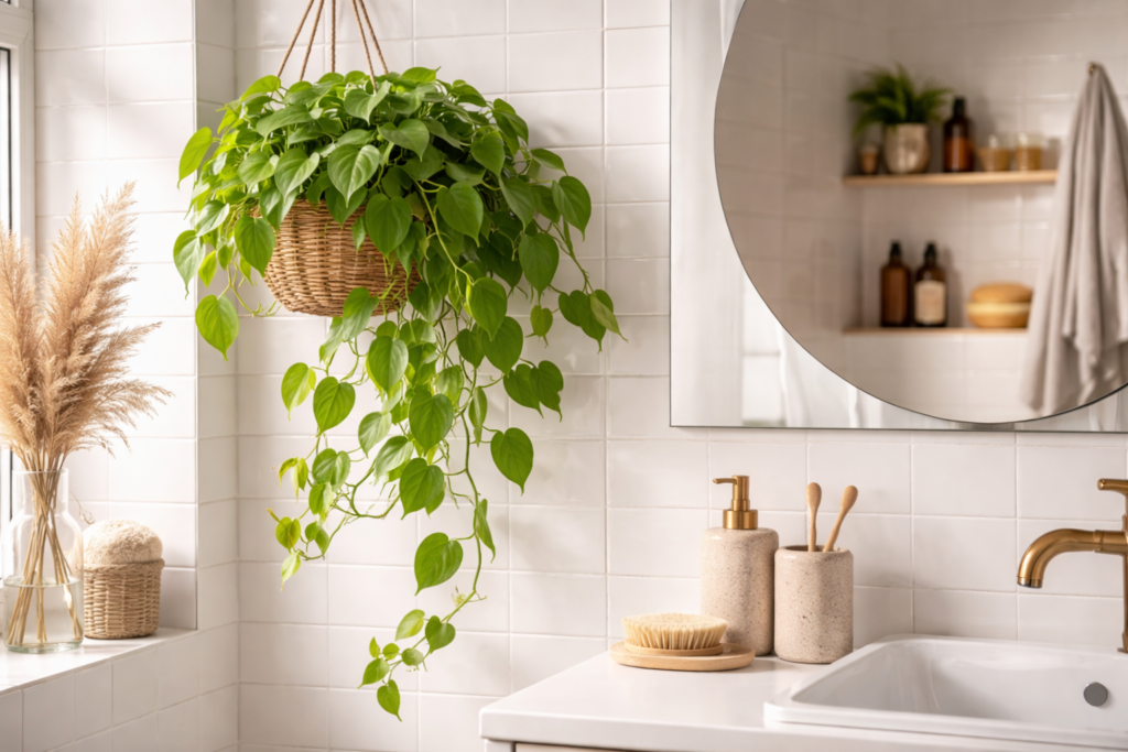 Planta Jiboia pendente em cesto de vime suspensa em banheiro com azulejos brancos, ao lado de espelho redondo e bancada com acessórios de higiene.