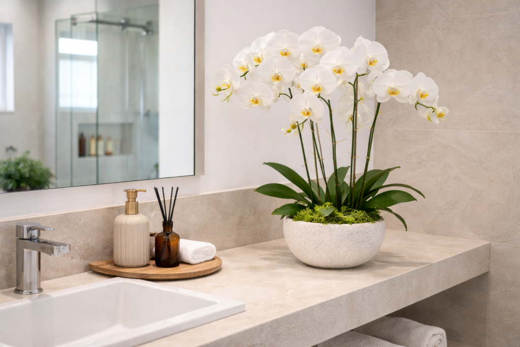 Banheiro de luxo com banheira de imersão oval sobre piso de seixos rolados, bancada de pedra com pia esculpida, orquídea rosa e janela com vista para bambuzal.