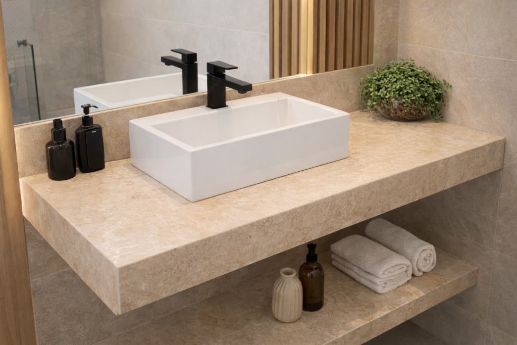 Planta Dinheiro-em-penca em vaso de vidro sobre bancada de mármore bege com pia de sobrepor branca e torneira preta fosca.