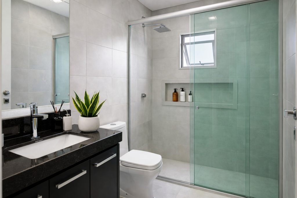 Banheiro moderno com bancada preta e planta Espada-de-São-Jorge em vaso branco, ao lado do box de vidro e chuveiro.