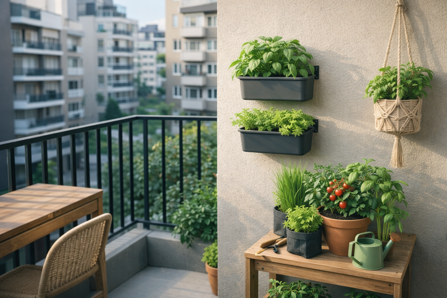 Horta em apartamento organizada em varanda, com vasos bem posicionados junto à parede, mostrando cultivo prático sem ocupar espaço de circulação