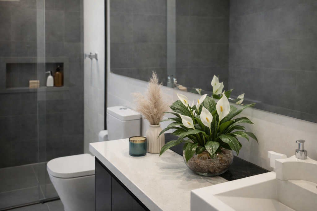 Vaso de vidro com Lírio da Paz em flores brancas sobre bancada de banheiro moderna com pia branca, ao lado de vela aromática e espelho grande.