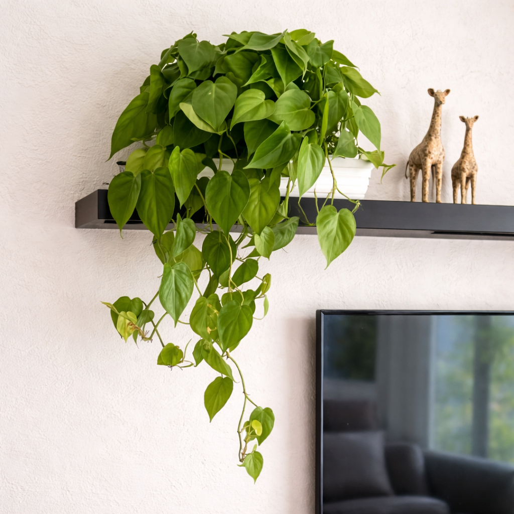 Planta pendente verde em prateleira de madeira escura ilustrando espécie que se adapta bem à sombra.