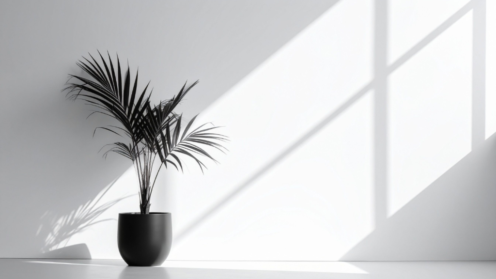 Exemplo de luz direta entrando por uma janela em um apartamento com planta em vaso.