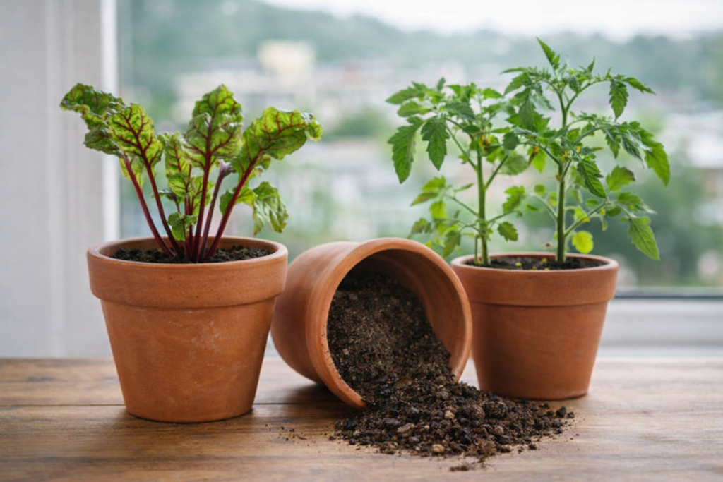 Vasos utilizados no cultivo de hortaliças em apartamento, mostrando como o recipiente influencia drenagem, desenvolvimento das raízes e saúde das plantas

