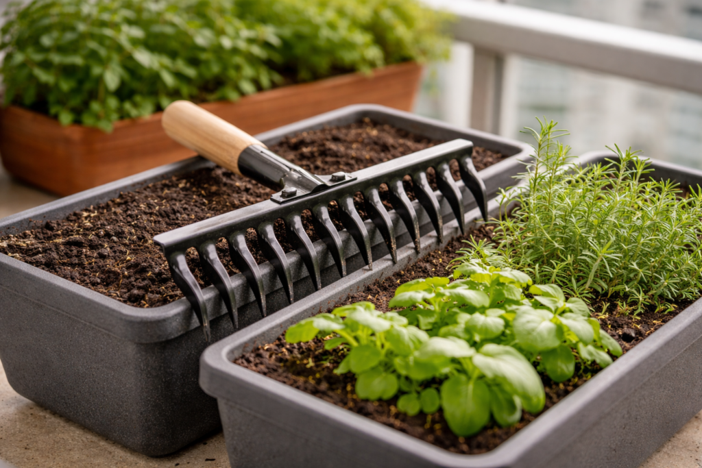 Ancinho escarificador apoiado sobre dois vasos retangulares com hortaliças em varanda de apartamento.
