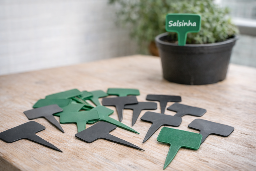 Etiquetas plásticas para identificação de ervas e hortaliças espalhadas sobre bancada com vaso preto ao fundo em horta de apartamento.
