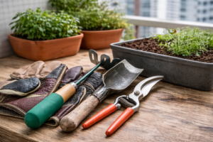 Ferramentas essenciais para horta em apartamento organizadas sobre bancada de varanda com vasos e hortaliças ao fundo.