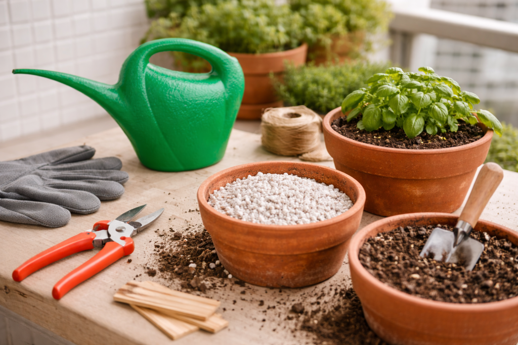 Regador plástico de bico longo sobre bancada de apartamento com vasos, perlita, substrato e ferramentas para horta doméstica.
